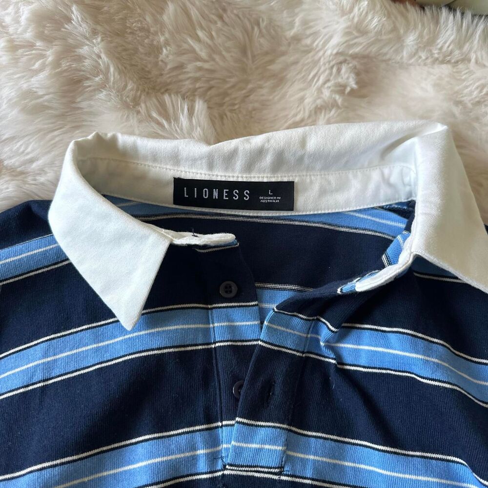 Lioness Navy and Light Blue Striped Polo Top with White Collar - Picture 2 of 4